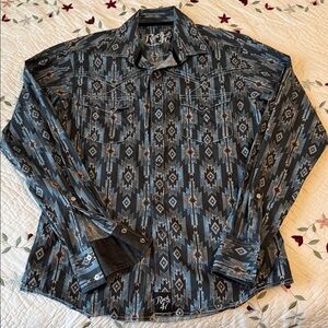 Roper Men's Geometric Pattern Button Down Shirt - Black and Blue